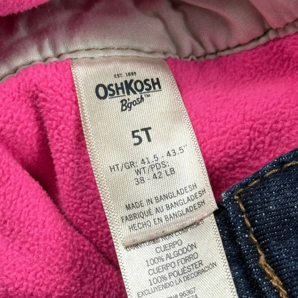 OshKosh Bgosh Girl 5T Blue Denim Fleece Lined Bib Overalls Vest Back Pink Lining